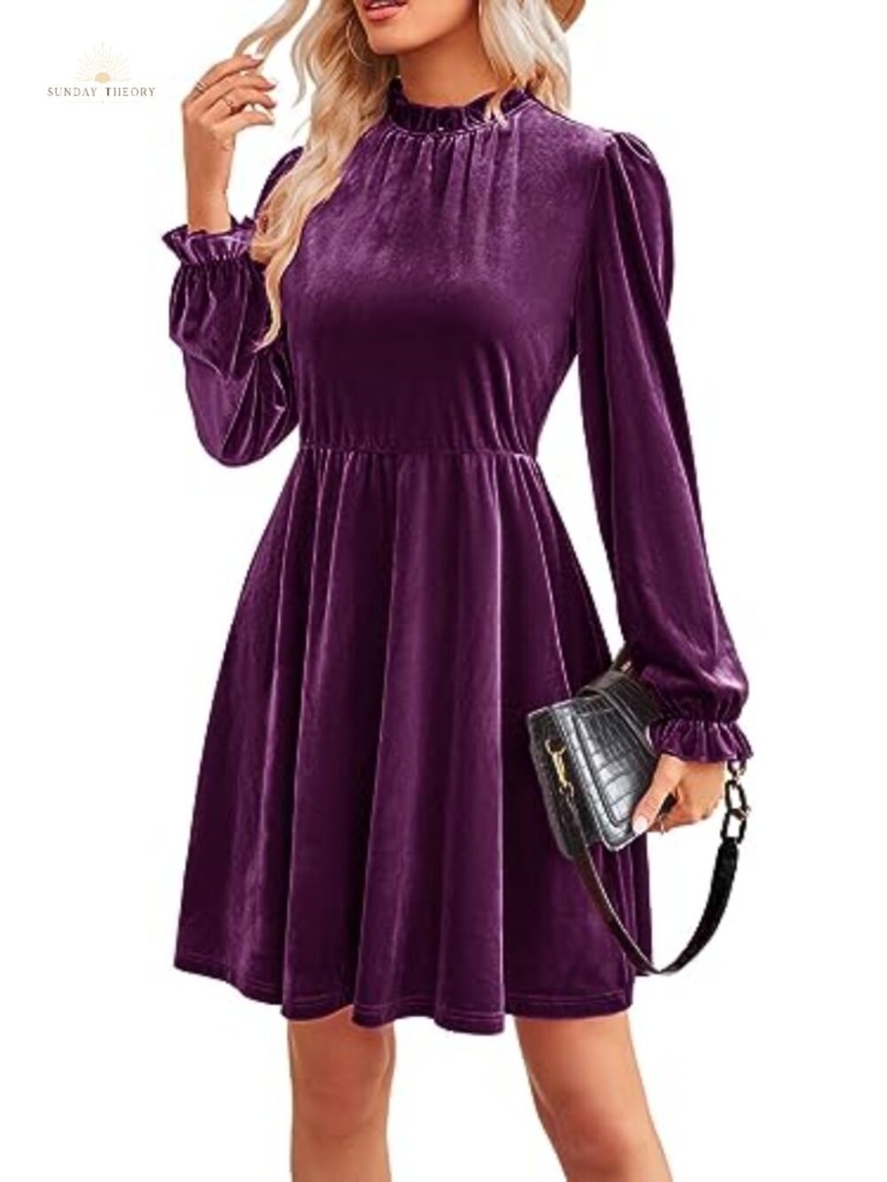 Velvet Long Sleeve Puff Sleeve Fit & Flare Mini Dress Wedding Guest